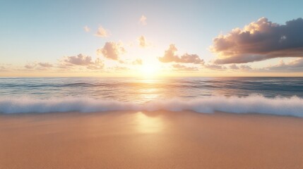 Fototapeta premium Golden sunset over tranquil ocean waves lapping at a sandy beach