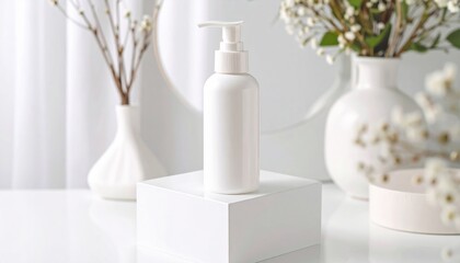 Elegant White Bottle with Pump Top Ideal for Personal Care Products in Minimalist Modern Setting