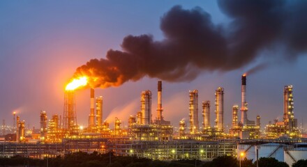 Obraz premium Industrial Oil Refinery at Dusk with Smoke and Flames