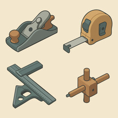 Carpentry Measuring and Planing Tools — Block Plane, Tape Measure, Combination Square, Speed Square, Marking Gauge