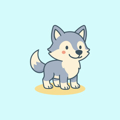Cute cartoon husky puppy with grey and white fur on a light blue background