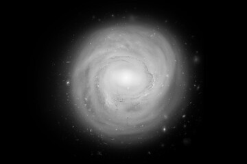 A luminous spiral galaxy with a bright central bulge surrounded by a glowing halo of stars and...