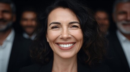 Mature woman smiling broadly with confident team blurred in background. Female leader with happy expression. Professional success concept.