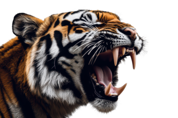 Majestic roaring tiger displayed with a fierce expression against a transparent background emphasizing its powerful features