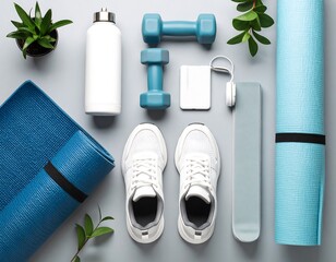 Fitness essentials arranged for a workout: yoga mats, dumbbells, water bottle, sneakers, and earbuds.