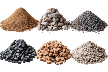 Piles of construction materials including gravel, sand, and bricks arranged for building projects in a storage area during daylight