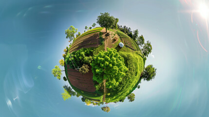 Tiny planet of a peaceful farm in vector globe