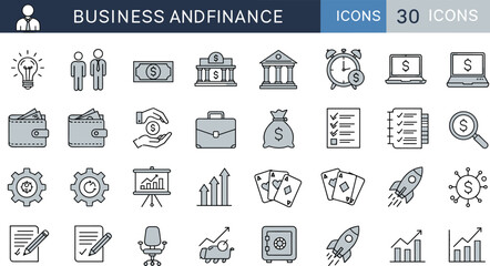 Business and finance icons set, line style symbols, money, banking, investment, strategy, analytics, planning, growth, economy, financial tools, corporate, startup, budget, success