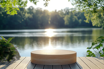 Fototapeta premium empty podium on a sunny deck by a calm lake with space for product promotion and advertisement