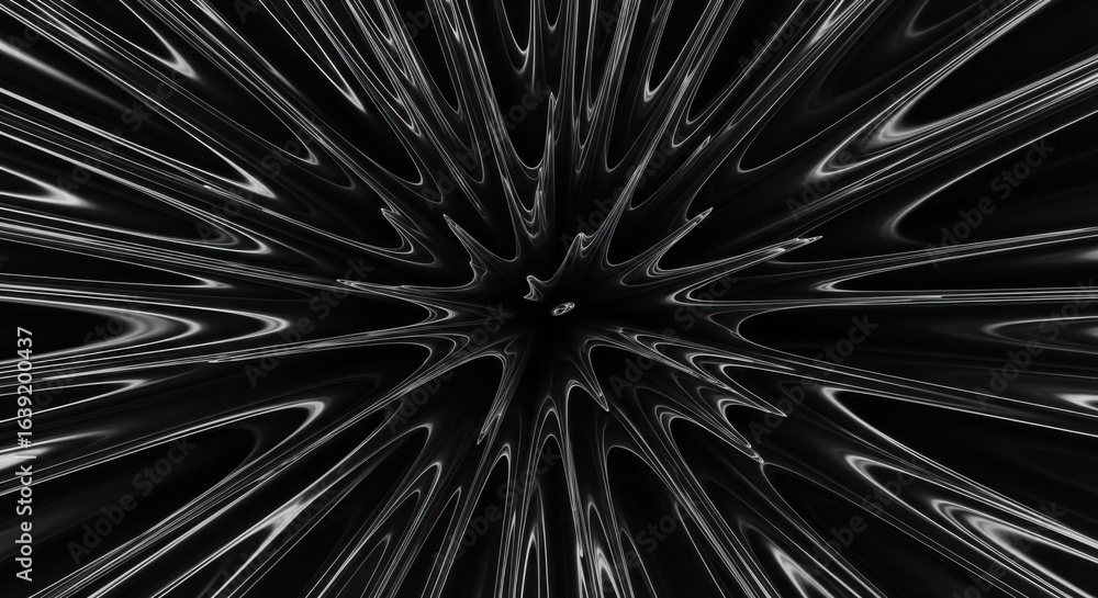 Poster abstract black and silver radial pattern with dynamic flow and sharp lines for digital art and moder