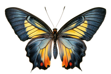 Naklejka premium Beautiful blue, yellow, and orange butterfly resting on a surface in natural light, showcasing its vibrant colors and intricate wing patterns
