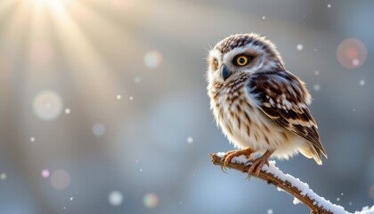 A fledgling owl, downy and wide eyed, perched precariously on a slender, snow dusted twig, starkly isolated against an infinite white void, Vivid sunlight