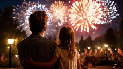 A father and daughter watching a patriotic fireworks display, with American flags in the background. Election Day in the USA. America Day. Festive Mood on President's Day