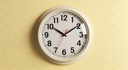 Cream-colored Wall Clock on Yellow Patterned Wallpaper