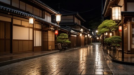 Fototapeta premium Nighttime Serenity: Traditional Japanese Street with Lanterns and Wet Cobblestones