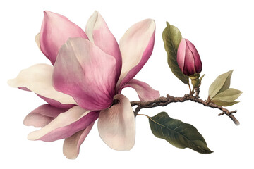 Fototapeta premium Magnolia flower on a branch with a bud against a transparent background showcasing its delicate petals and vibrant colors in natural beauty