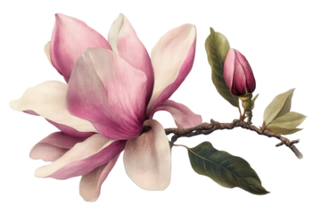 Magnolia flower on a branch with a bud against a transparent background showcasing its delicate petals and vibrant colors in natural beauty