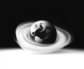 Black and white artistic representation of Earth with swirling light rings resembling planetary rings around it against a dark background, evoking a sense of mystery and cosmic motion
