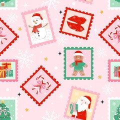 Christmas Stamps Seamless Pattern On Pink Background 