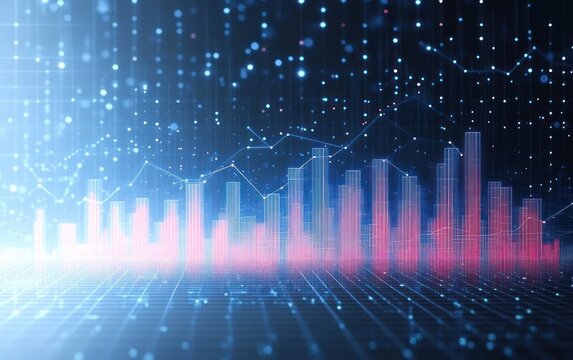 Abstract digital bar chart with glowing red and blue bars against a dark background filled with floating data points and connecting lines symbolizing data analytics and technology