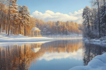Serene winter landscape with snow-covered trees and a small classical gazebo reflected in a calm lake under a clear sky with soft clouds