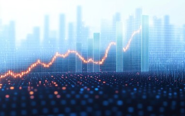 Abstract digital financial chart with ascending orange line graph and blue glowing bar graphs over a dark dotted surface with a blurred background of light blue structures