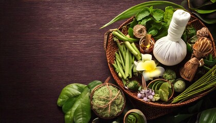 Thai herbal spa elements setting for traditional Thai massage, tropical spa treatment 