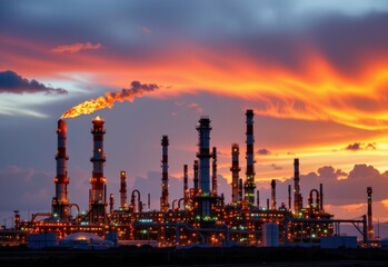Fototapeta premium oil refinery with towering flare stacks burning bright during twilight clouds glowing orange and pink industrial skyline ultra detailed