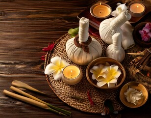 Thai herbal spa elements setting for traditional Thai massage, tropical spa treatment 