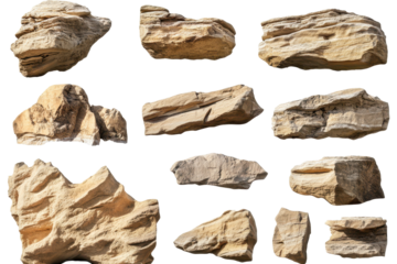 Unique beige rock formations isolated against a transparent background showcasing diverse shapes and textures perfect for design and artistic applications