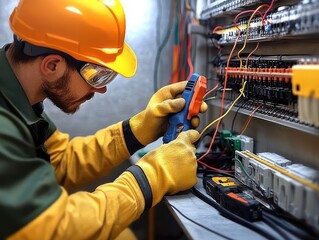 Focused electrician wearing protective helmet, gloves, and goggles working with wiring and electrical panels using a voltage tester