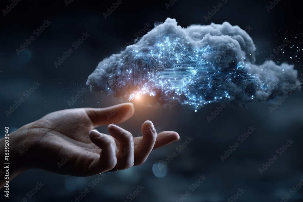 Poster exploring futuristic digital technology in cloud computing with an illuminated hand interacting with