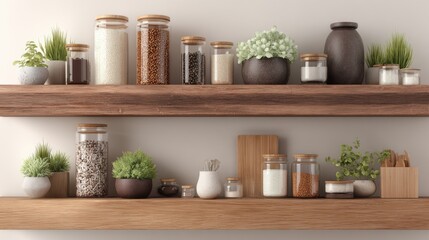 Elegant Kitchen Shelves with Glass Jars, Plants, and Minimalist Decor for Modern Home Aesthetic