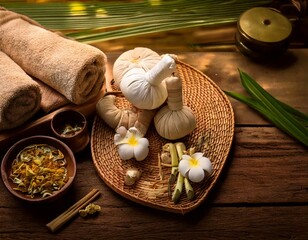 Thai herbal spa elements setting for traditional Thai massage, tropical spa treatment 
