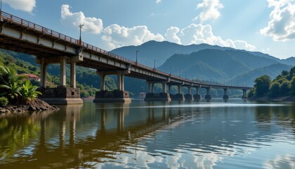 massive pipeline bridge crossing wide river in tropical setting reflection shimmering on calm water cinematic high resolution image