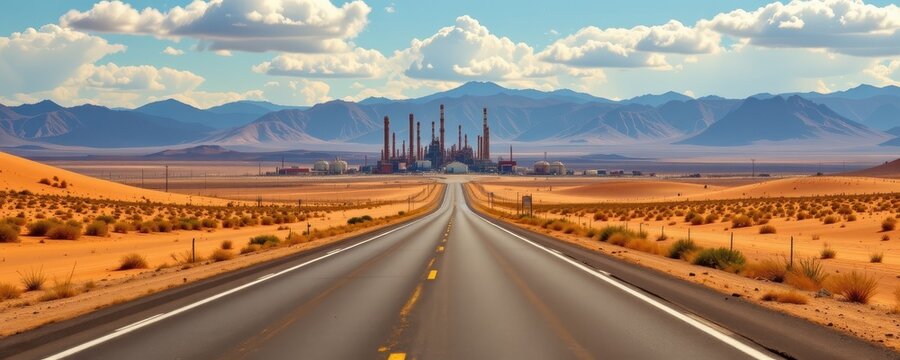 desert highway leading to huge refinery complex at horizon heat waves distorting distant structures ultra realistic desert scene