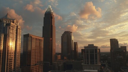 Fototapeta premium Stunning Sunset Over Urban Skyline Highlighting Skyscrapers and Cloud Reflections in Cityscape Environment