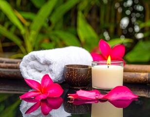 Thai herbal spa elements setting for traditional Thai massage, tropical spa treatment 