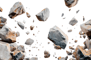 Falling stone debris scattered against a white background, showcasing a dynamic display of movement and texture through a variety of sizes and shapes in the stones