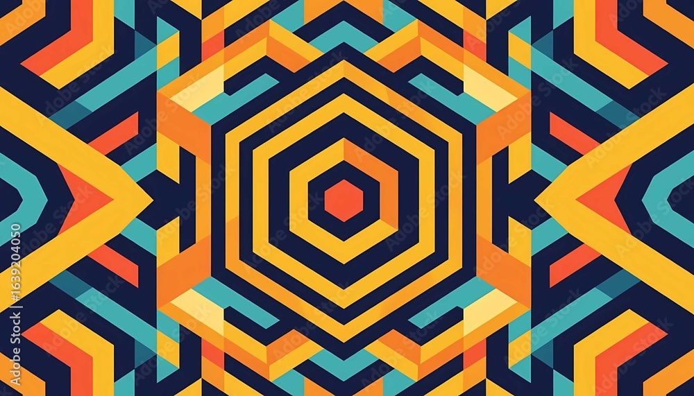 Aufkleber concentric hexagon pattern with interlocking shapes, bold colors, sharp lines, and symmetrical abstr