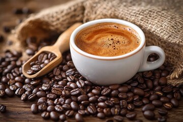 Obraz premium Close-up of a white cup filled with freshly brewed coffee surrounded by roasted coffee beans and a wooden scoop on a rustic wooden surface with burlap sack