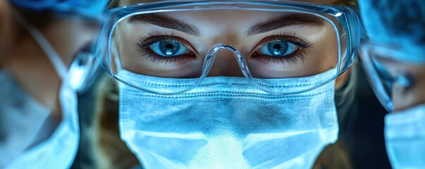 Close-up of focused medical professionals wearing protective face masks and safety goggles in a clinical setting