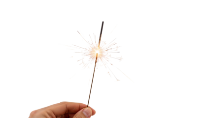 Hand holding sparkler with bright firework sparks isolated on the transparent background for celebration or festive event concept