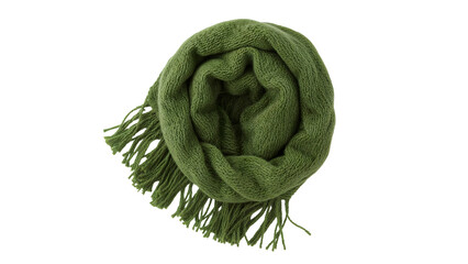 Obraz premium Cozy green knitted scarf with fringe rolled up isolated on the transparent background for winter fashion and accessories concepts