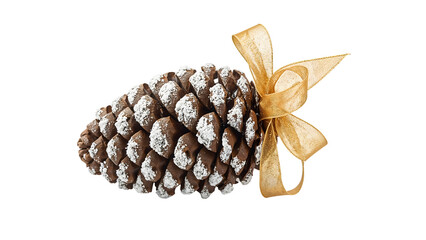 Decorative pinecone with gold ribbon and artificial snow, festive christmas ornament isolated on the transparent background
