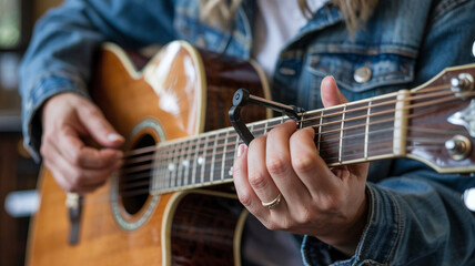She adjusts the capo for a higher key