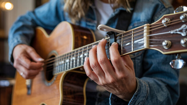 She adjusts the capo for a higher key - Powered by Adobe