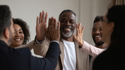 A group of smiling men and a woman make a high five hand stack. Business people showing teamwork. Successful collaboration concept.