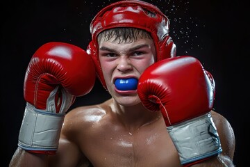 Determined young male boxer in red headgear and gloves with mouthguard striking a fighting pose with intense focus and sweat droplets visible