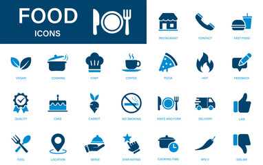 Food icon. Containing knife and fork, vegan, pizza, cake, fast food, restaurant.